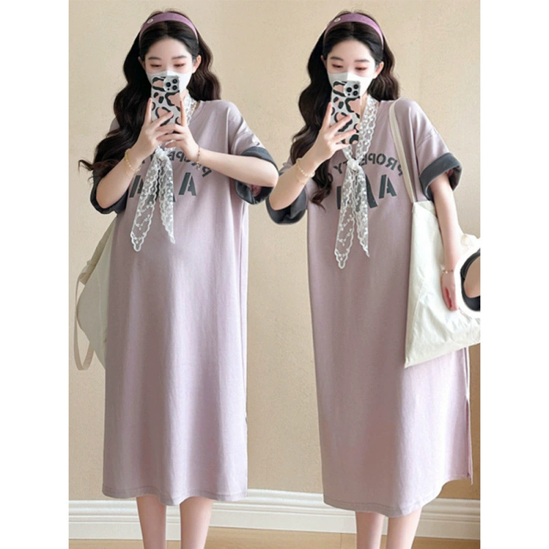 Летнее платье для беременных, большие размеры 100kg года, свободное платье для беременных 150 см, миниатюрное платье с круглым вырезом и короткими рукавами для беременных