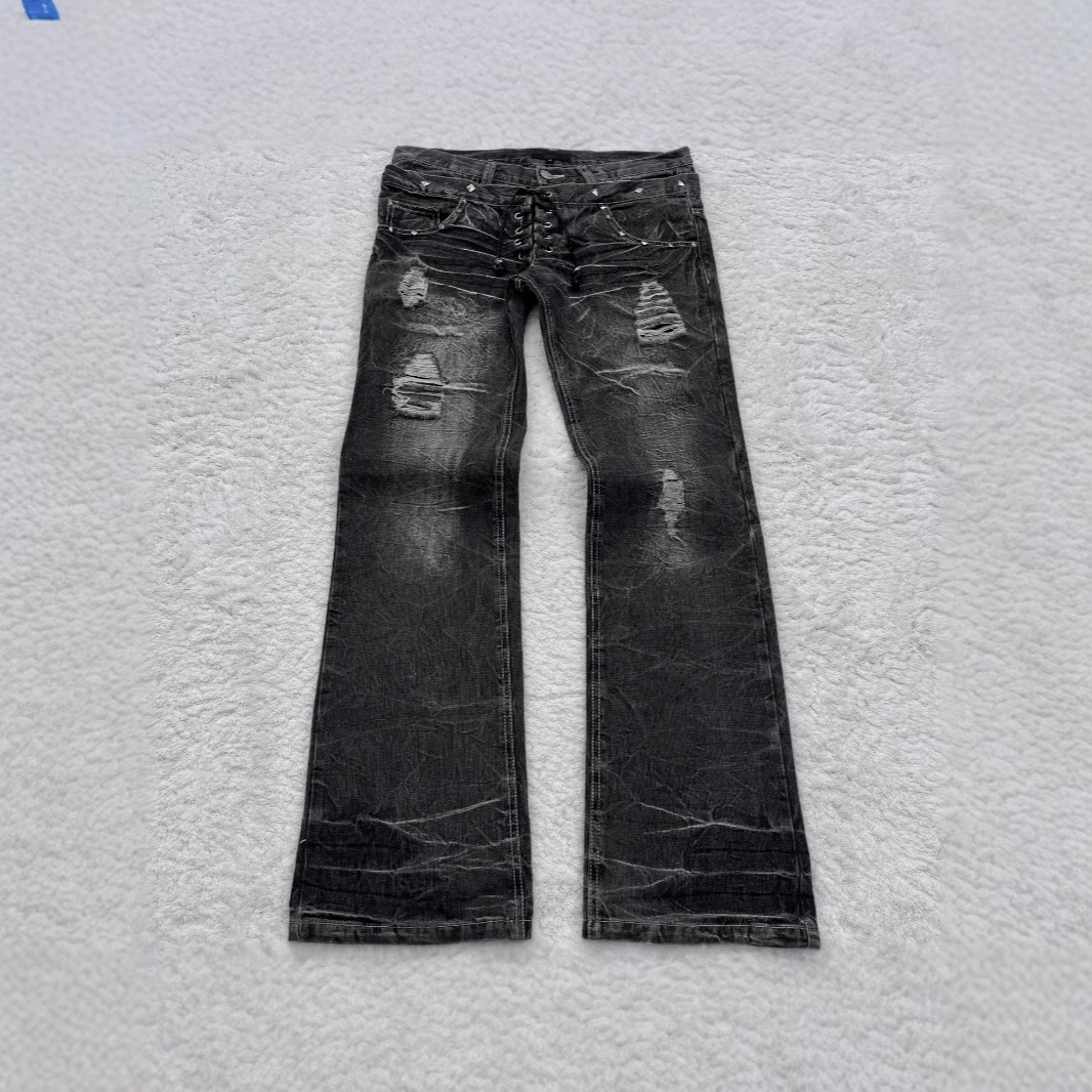 Transfronterizo americano y2k vaqueros lavados con agua gótico retro cinturón doble de diseño callejero pantalones para hombres y mujeres