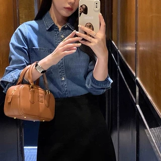 pusumade蓝色牛仔衬衫外套女韩版宽松休闲衬衣叠穿上衣长袖做旧
