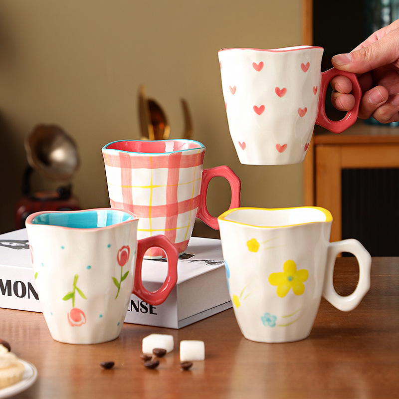Inswind mano pequeña fresca flor cerámica pintada a mano creativa mano regalo taza de marca esmaltada taza de café de color leche