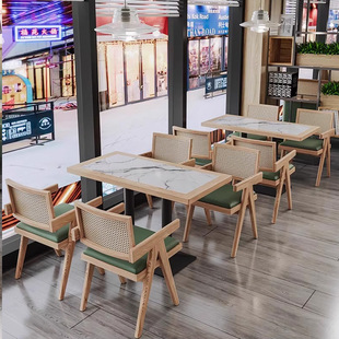 Simple modern milk tea shop solid wood rattan card seat sofa combination backrest rattan armrest dining chair Napa pattern leather