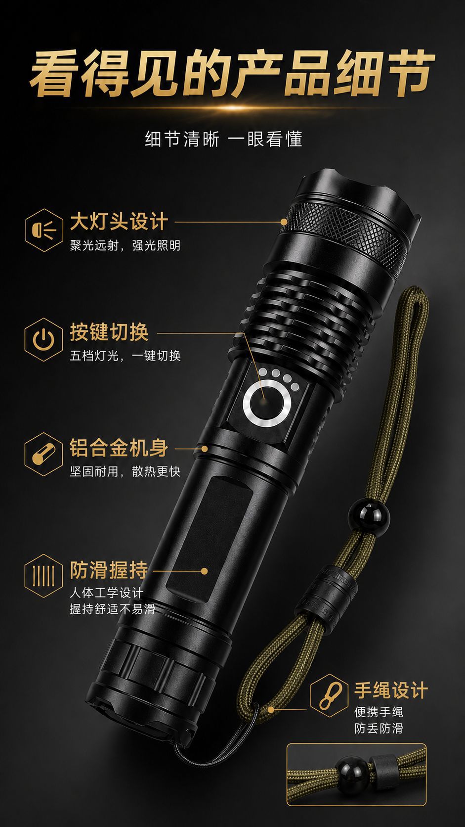 T8 flashlight with zoom, power display, USB charging, outdoor lighting, long-range, five lighting modes, aluminum body flashlight