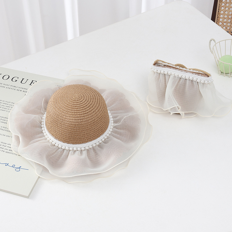 Pearl mesh wavy edge straw hat-khaki
