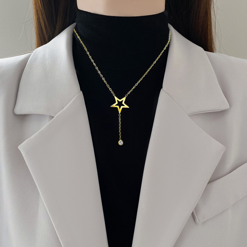 Collier ras-de-cou minimaliste en or véritable, orné d'une étoile et d'un pompon, pour femme._voghion.com