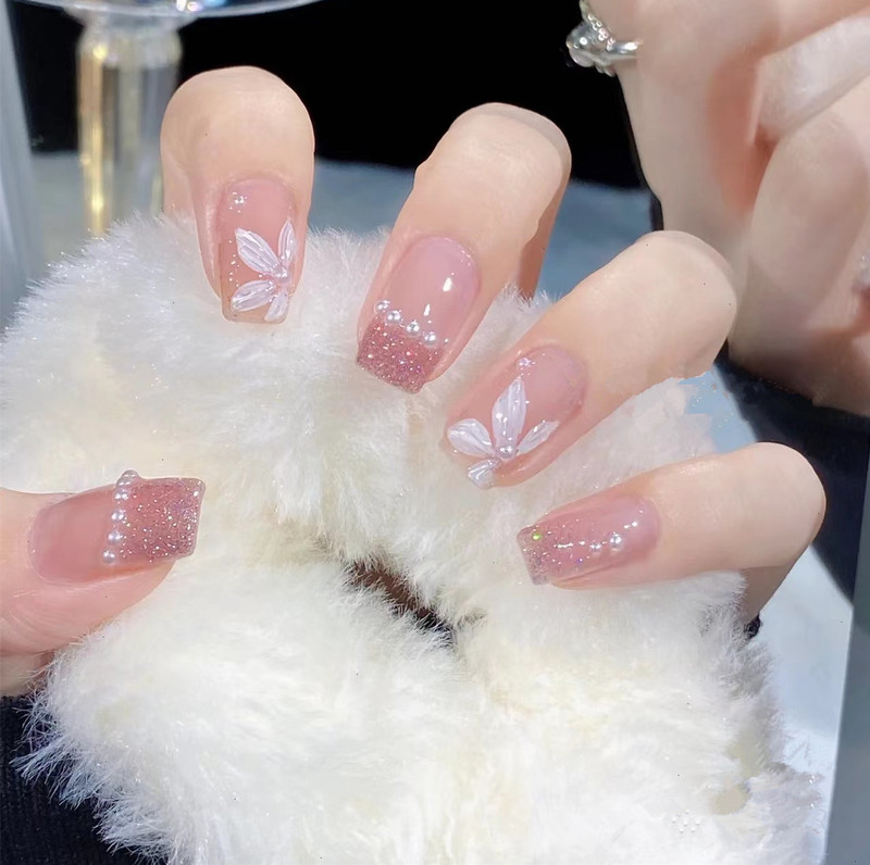 Strict selection New wear nail fake nail patch finished short detachable nail beauty Camellia Pearl White nail piece