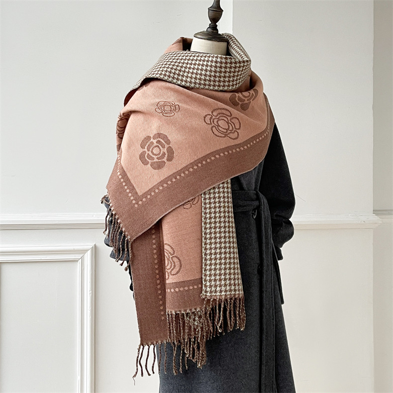 Herbst und Winter neue Tasche Damen Kerngarn Kamelie Tausend Vogelgitter doppelseitig warm Schal vielseitig dekorative Kaschmirschal_voghion.com