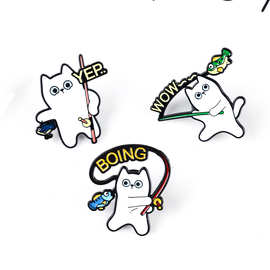 海钓白猫胸针可爱猫咪徽章复古卡通甩杆猫胸花包包别针衣服配饰