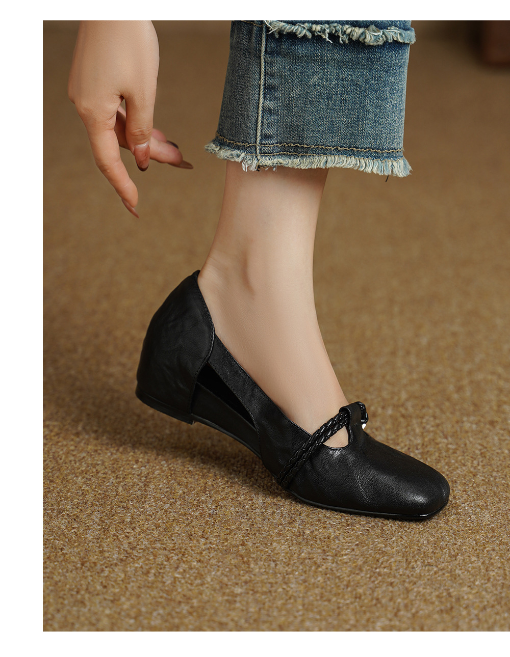Sandal nữ da cừu mũi kín đế xuồng gót cao 9 cm phong cách Hàn Quốc — màu nâu chi tiết 5