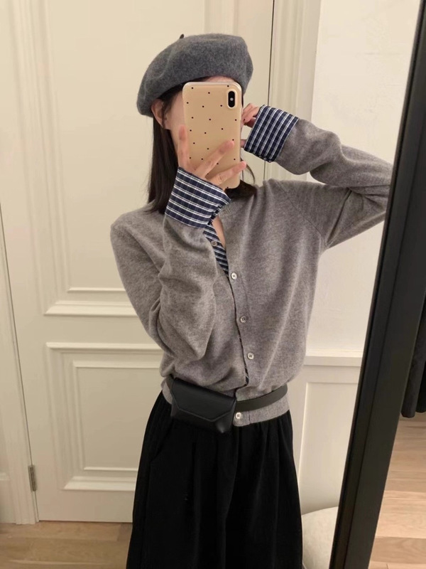 韩系设计感拼接长袖针织开衫女2025秋季新款灰色毛衣外套气质上衣|undefined