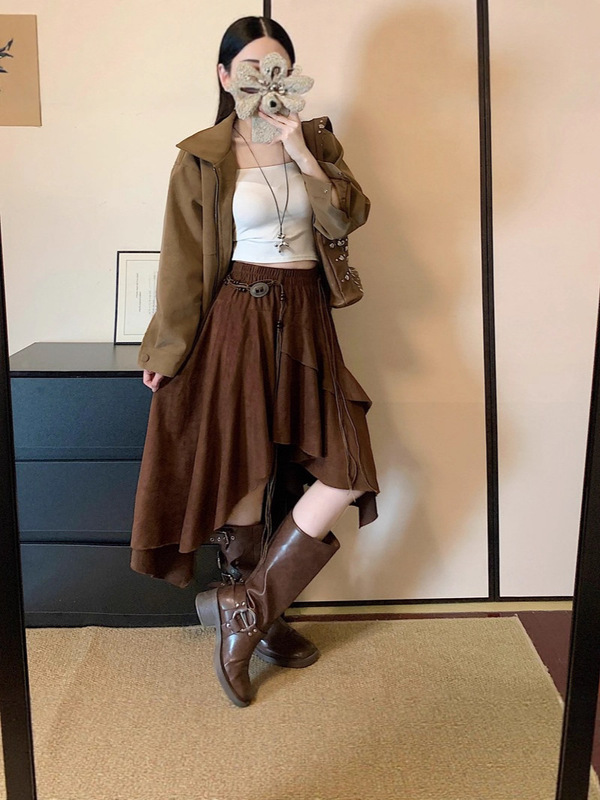 十三行2025秋装新款美拉德风不规则半身裙女复古高腰显瘦a字长裙|undefined