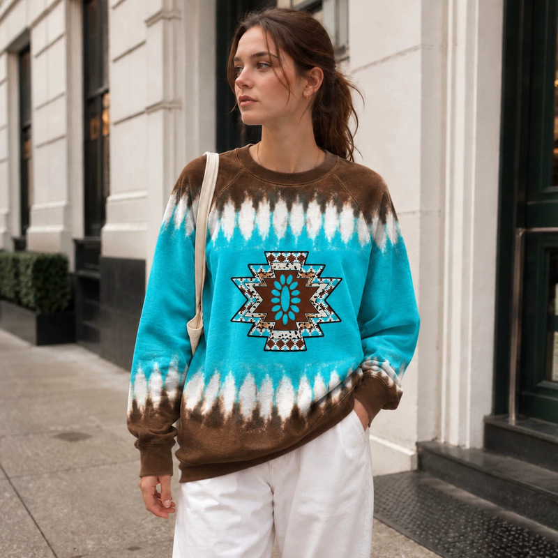 Cross-border women's clothing: American Western-style tie-dye sweatshirt with Aztec geometric patterns, raglan sleeves, casual long-sleeve pullover Cross-border women's clothing: American Western-style tie-dye sweatshirt with Aztec geometric patterns, raglan sleeves, casual long-sleeve pullover