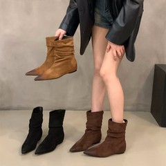 内增高绒面尖头瘦瘦靴短靴女靴子2025春秋季西部棕色美拉德堆堆靴