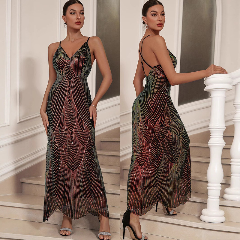 Sexy backless strap retro sequin dress dress dress AliExpress Amazon European and American foreign trade cross-border women's clothing