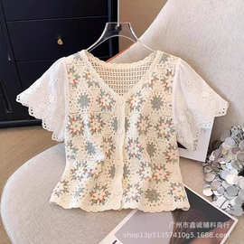 夏季新款法式镂空钩花针织开衫女针织V领小个子短袖上衣