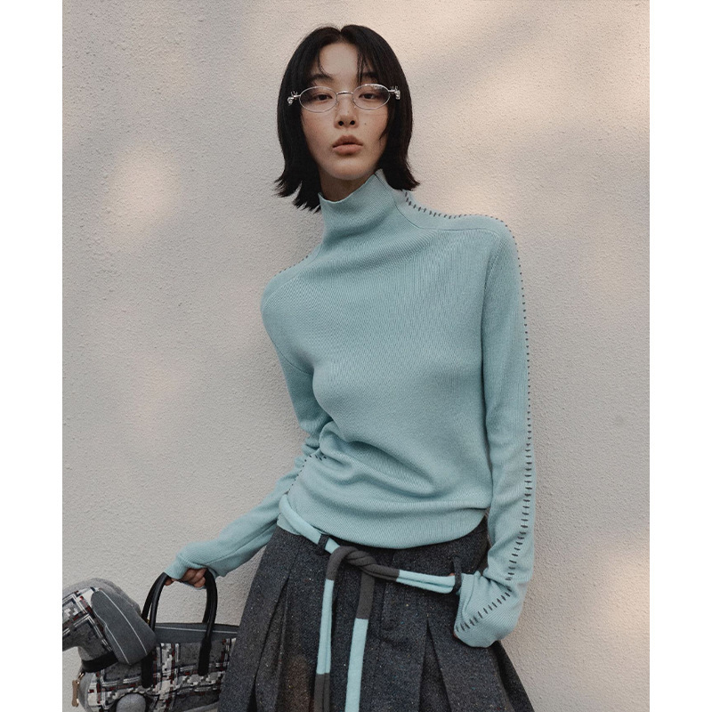 UNITY MODE Design Handmade Stitch Turtleneck Wool Sweater Women's Winter Contrast Base Knit Sweater