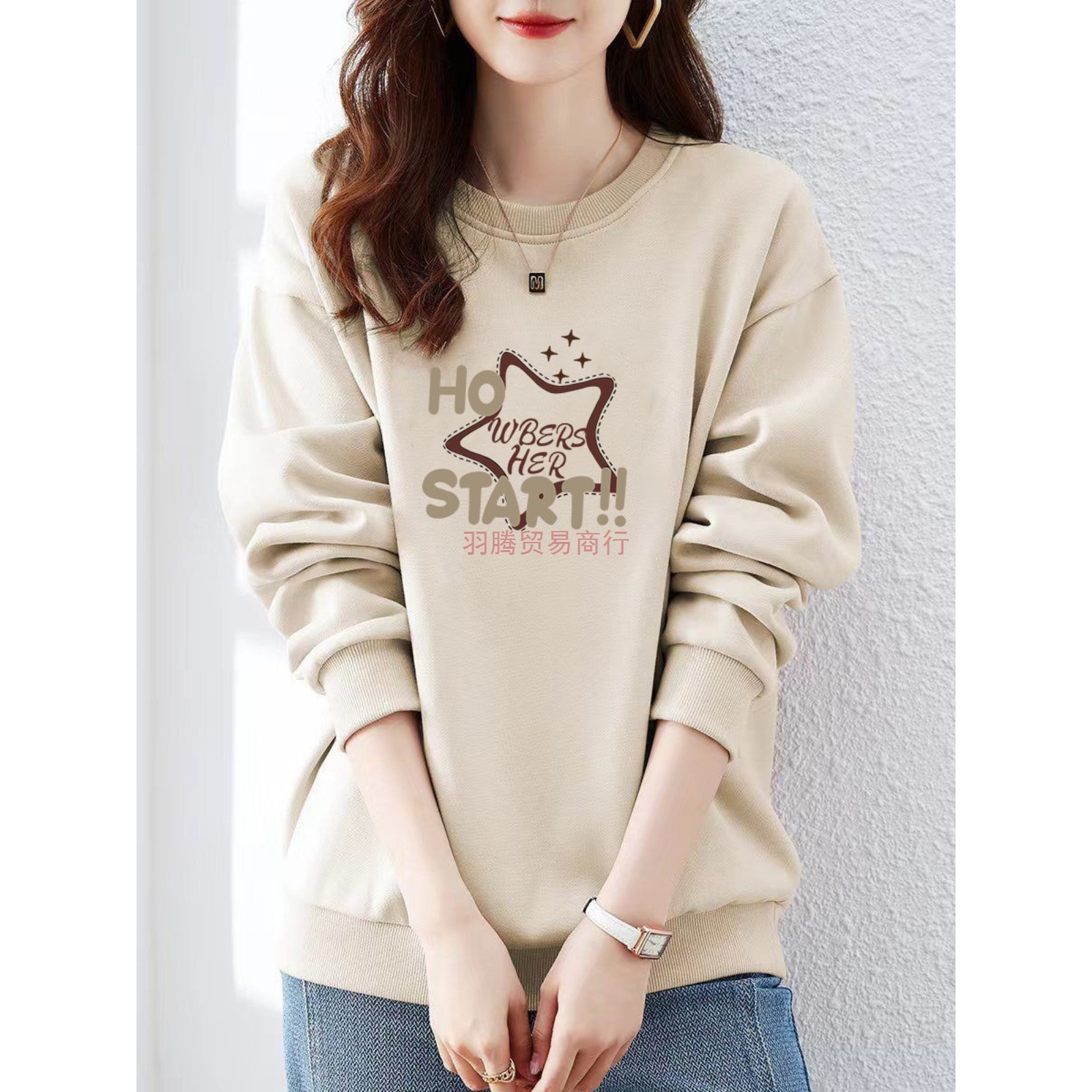 山东即墨秋冬新款休闲棉质卫衣女春秋新款休闲百搭印花宽松薄上衣