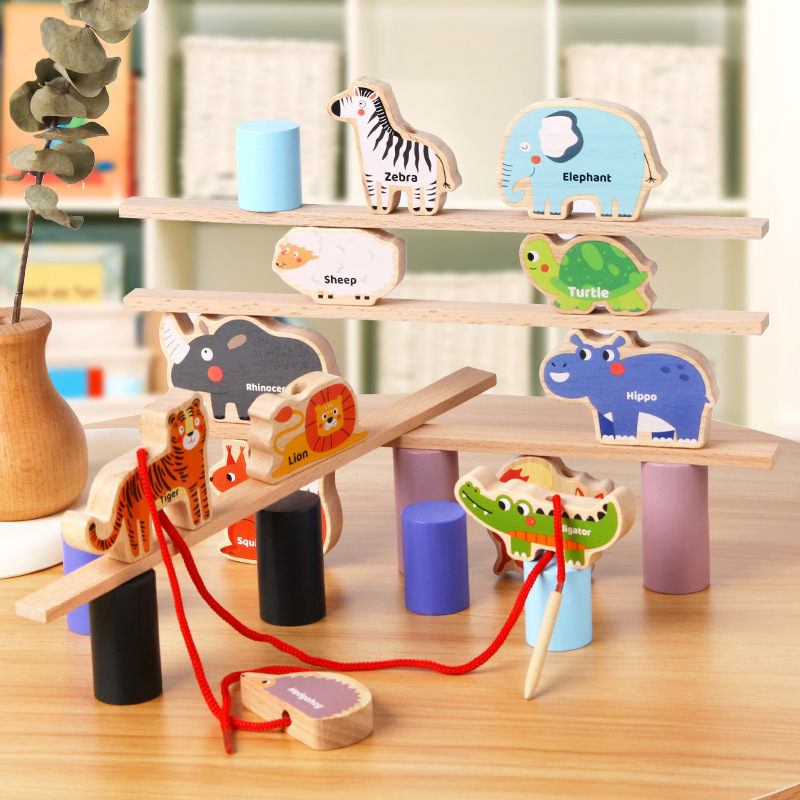 Niños animales con cuentas Jenga educación temprana, bloques de construcción cognitivos, pilas de animales, juguetes educativos de madera de equilibrio
