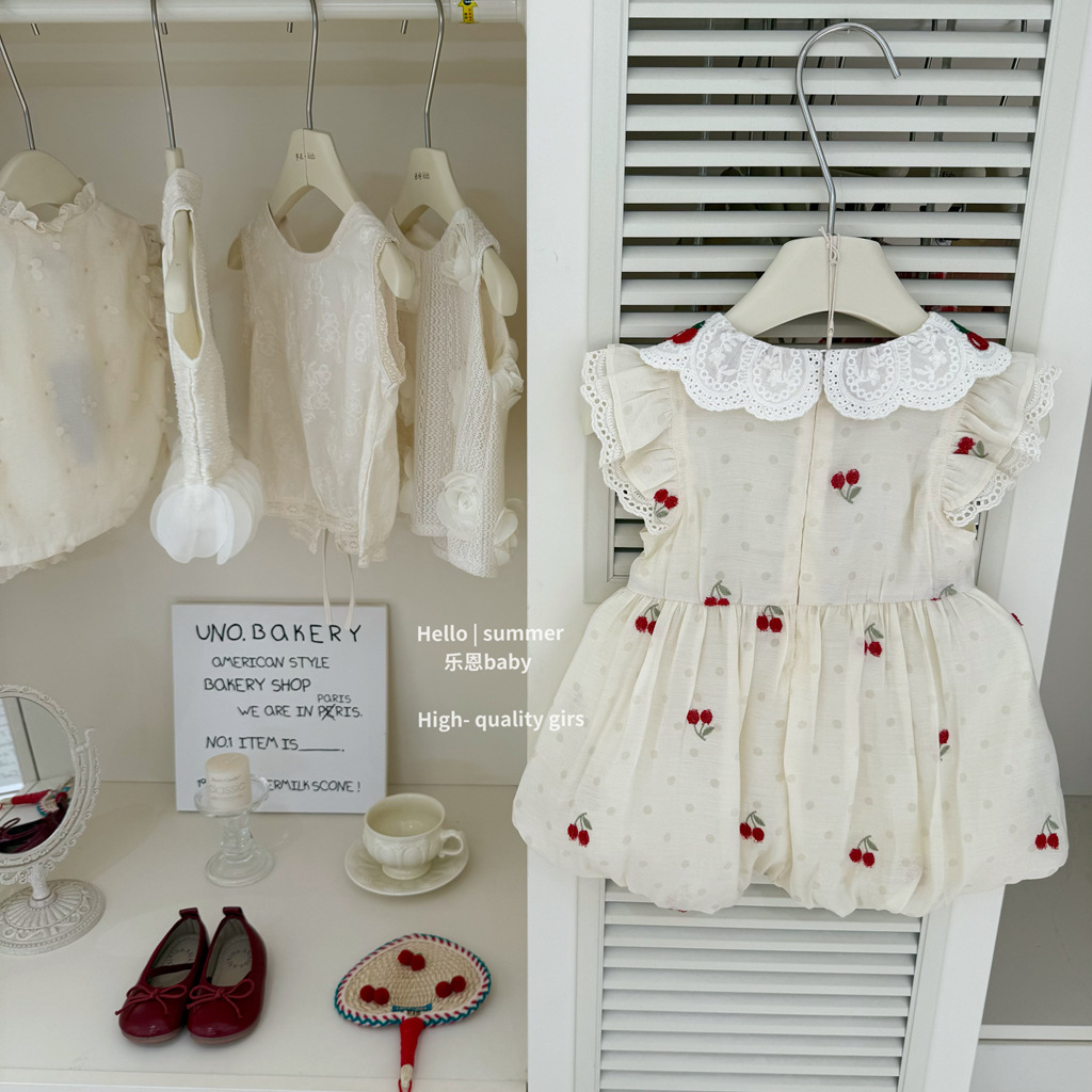 [Le En baby] Vestido de princesa dulce para niña de verano Vestido de cereza con cuello de muñeca de estilo occidental Vestido de chaleco lindo