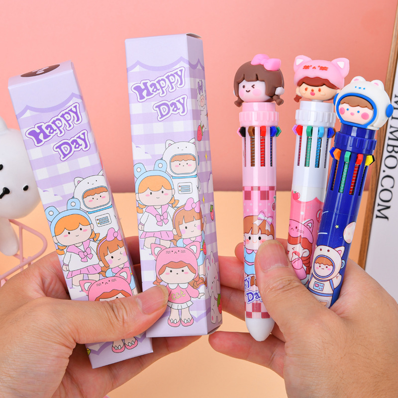 Caricaturas lindas y creativas multicolores bolígrafo de mano caja ciega bolígrafo multifuncional de color de presión bolígrafo de diez colores caja sorpresa afortunada