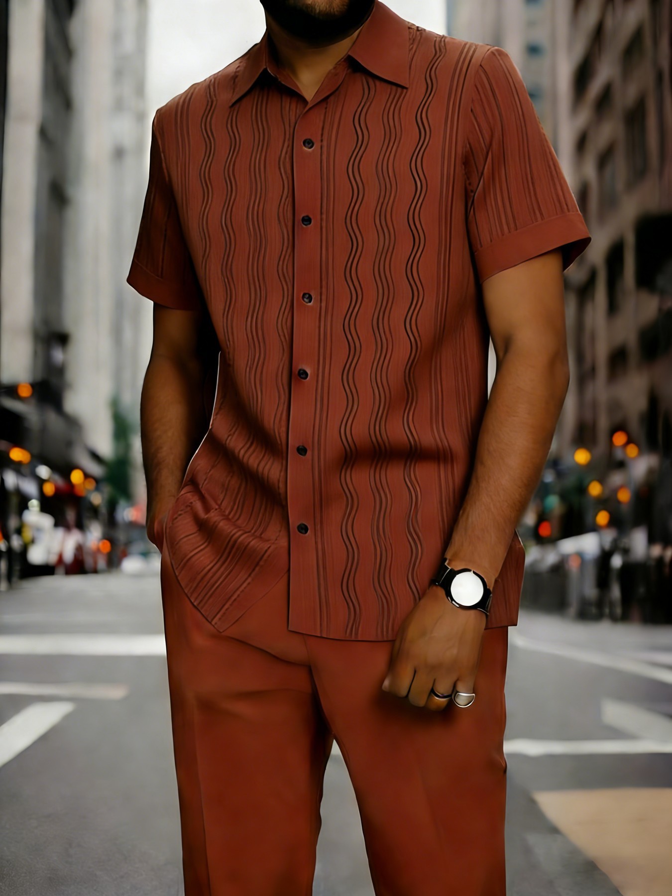 Men's Clothing Men's Commuter Style Short Sleeve Shirt And Shorts Set Collared Geometric Print Spring Summer_viptrois.com