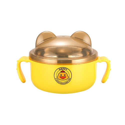 304 stainless steel children's bowl, baby eating bowl, spoon and tableware set, double-eared and lidded double-layer insulated food supplement bowl