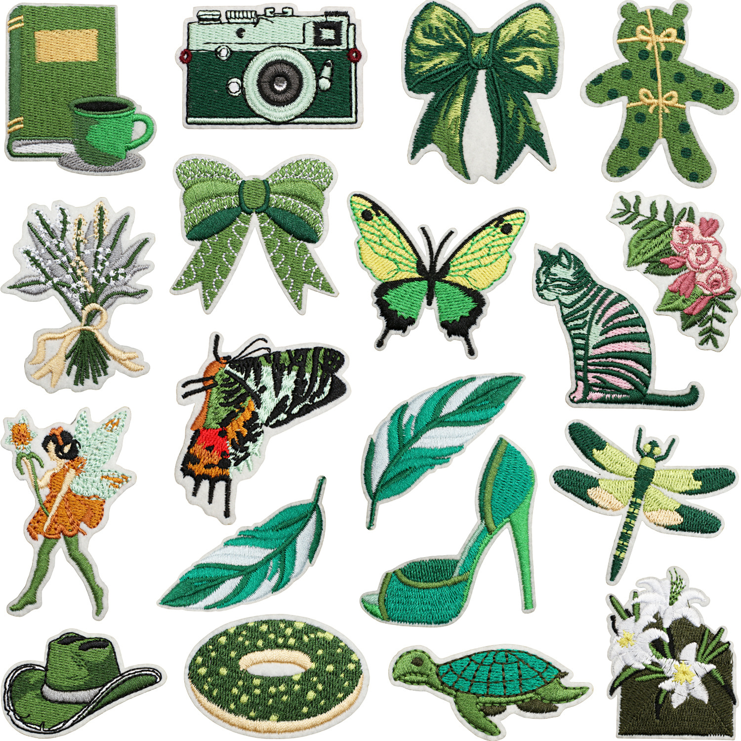 绿色花仙子刺绣布贴精灵猫咪补丁贴卡通怀旧照相机刺绣标蜻蜓章仔