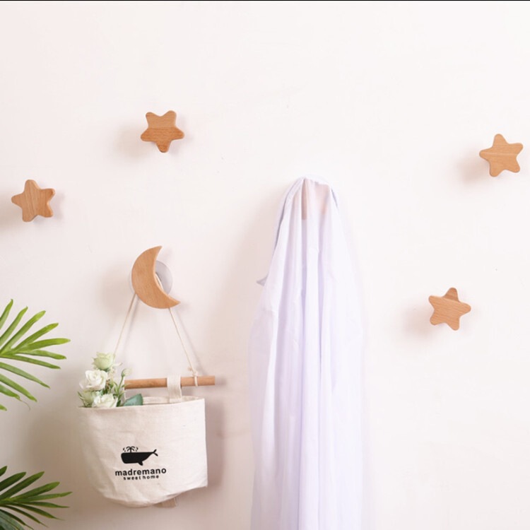 Zakka Nordic solid wood wall hook, no-drill adhesive hook for entryway wall, star and moon shaped coat hook Zakka Nordic solid wood wall hook, no-drill adhesive hook for entryway wall, star and moon shaped coat hook