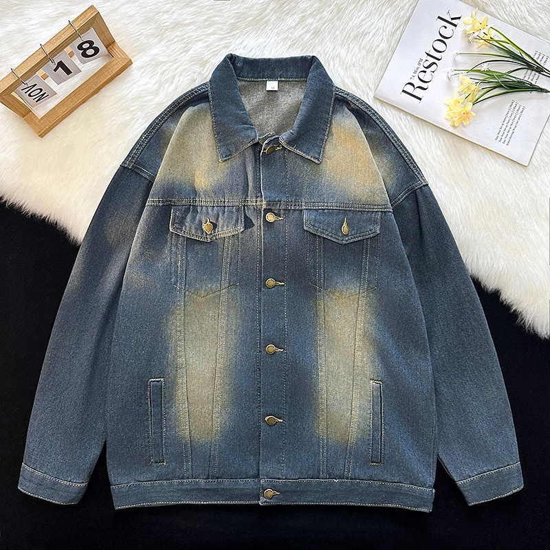 Boyfriend style worn-out Denim coat men's 2023 Autumn New loose slimming Korean style lazy style trendy top