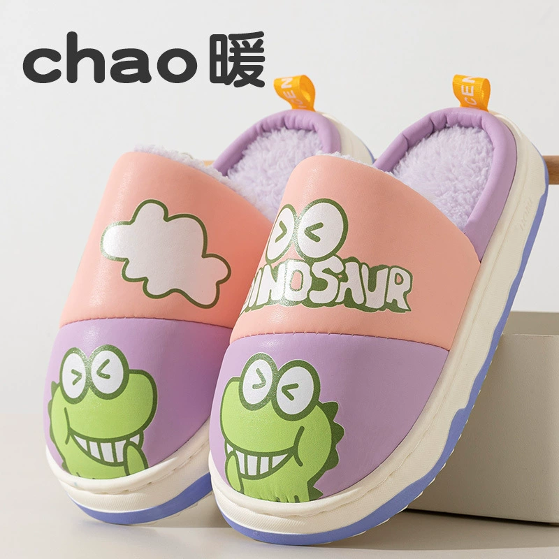 Хлопчатобумажные тапочки детские утолщенные, теплые и нескользящие дома осенью и зимой водонепроницаемая дочь мальчик маленький динозавр мультяшные тапочки