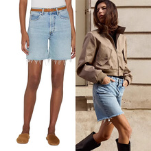 25夏季新款Fram棉质浅蓝色高腰毛边百慕大宽松牛仔短裤女中裤ins