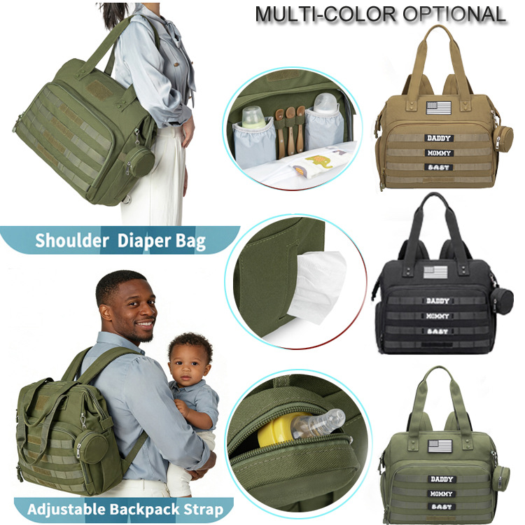亚马逊现货新款军绿色奶爸背包防水外出轻便大容量母婴包待产包