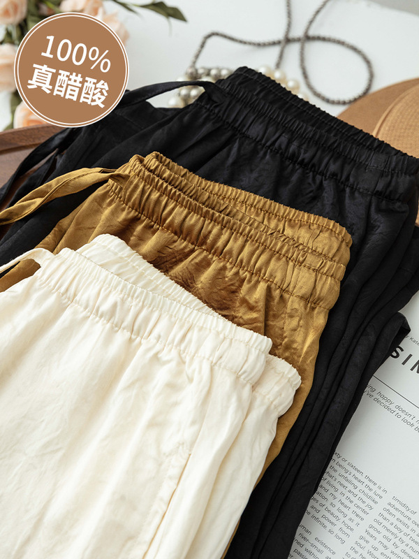 100% アセテートサテンシルクワイドレッグパンツ女性の夏薄いハイエンドドレープソフトしわのない弾性ウエストカジュアルパンツ|undefined