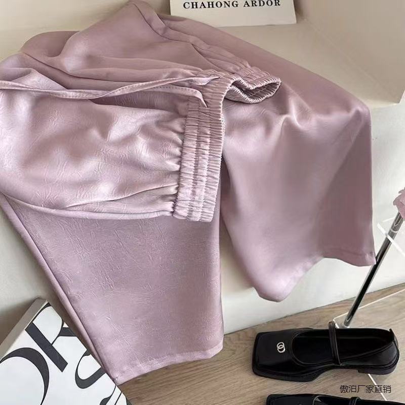 Pantalones anchos de satén de ácido acético chino de estilo fino de verano para mujer, pantalones casuales de cintura alta sueltos rectos 2025 explosivos