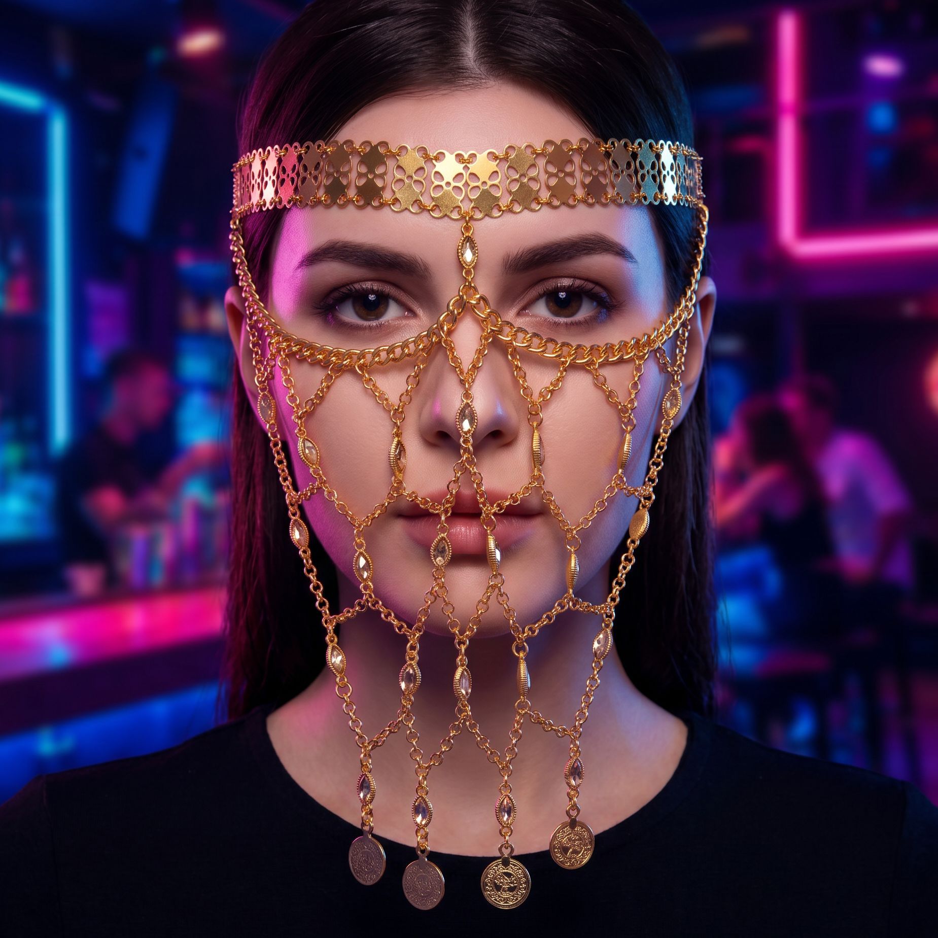 Cross-border exotic style face chain, gold chain with hollowed-out coin tassels, head chain, Halloween cosplay performance mask