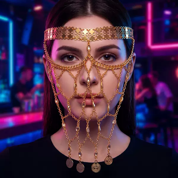 Cross-border exotic style face chain, gold chain with hollowed-out coin tassels, head chain, Halloween cosplay performance mask