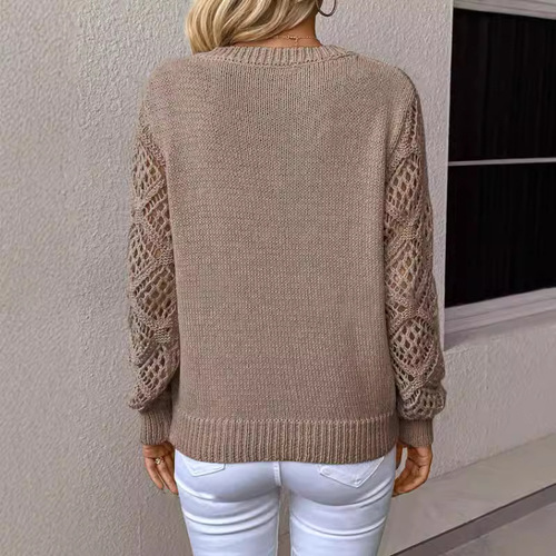 Spring and Autumn Knitted Top for European and American Women, Elegant V-Neck Hollow Long Sleeve Solid Color Knit Top