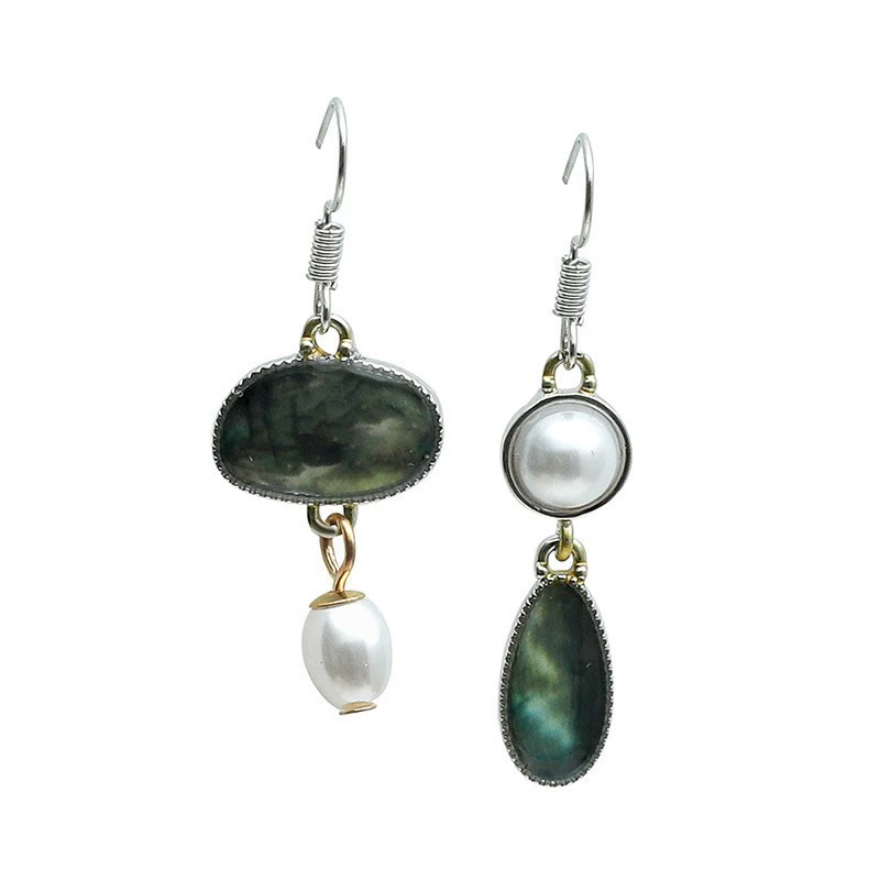 Retro fashionable asymmetrical earrings from pearl, for import