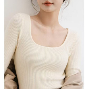 Square Collar U-Neck Simple Design New Knitted Bottoming Shirt Autumn and Winter Slimming Look Inner Slim Long-Sleeved Top