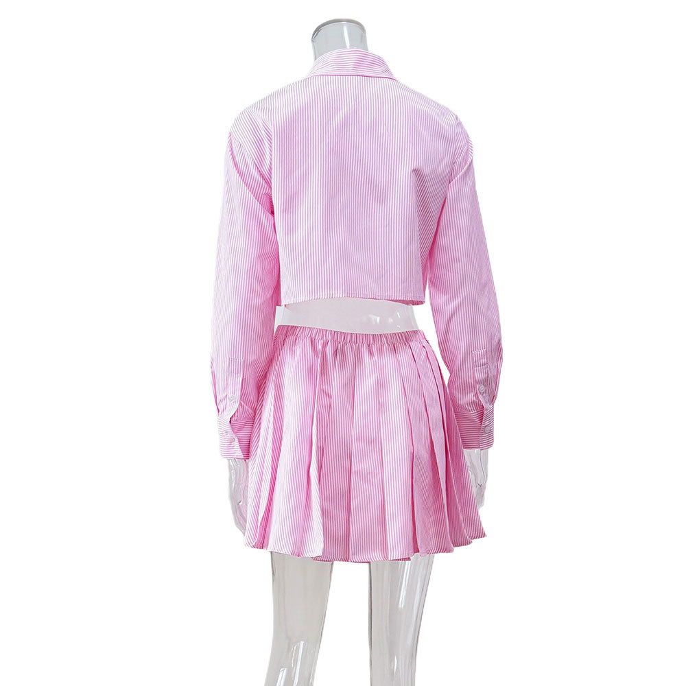 European And American Cross-Border Striped Long Sleeve Shirt Women's Tennis Fashion Casual Elastic Waist Pleated Short_ecoleips.com