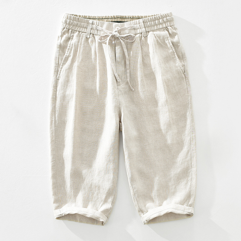 1626 New Men's Linen Casual Pants Drawstring Elastic Waist Loose Breathable Linen Cropped Pants Dropshipping