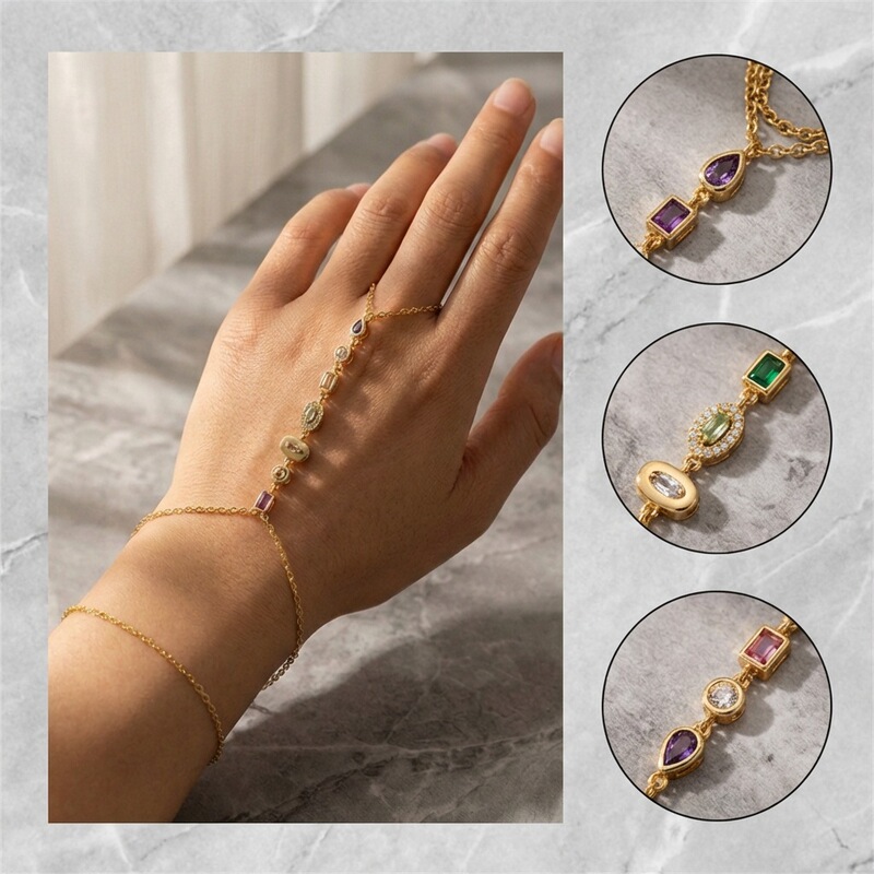 Cross-Border New Style European and American Exquisite Light Luxury Sparkling Diamond Geometric Finger Chain for Women, Fashionable High-End Creative Tassel Bracelet