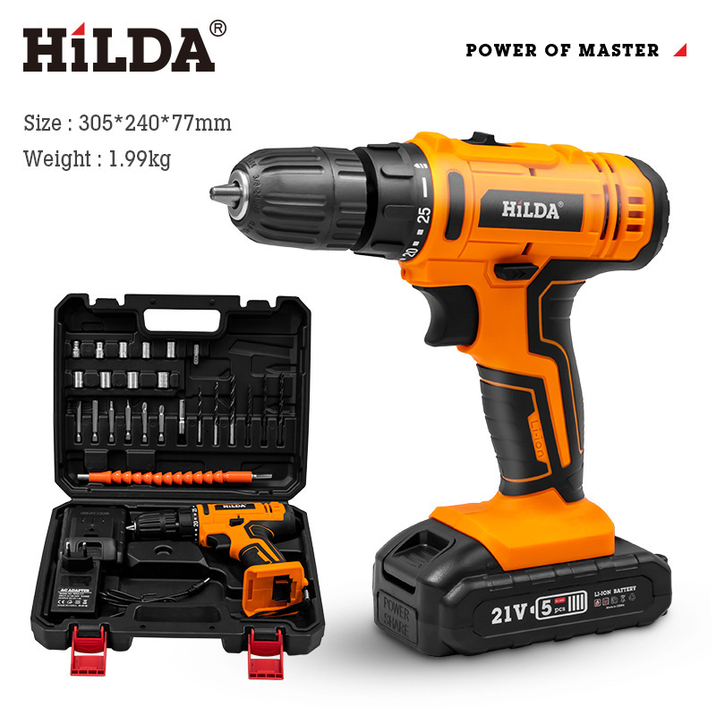 Taladro eléctrico recargable de litio Hilda para uso doméstico, herramientas eléctricas en stock, taladro manual, destornillador eléctrico