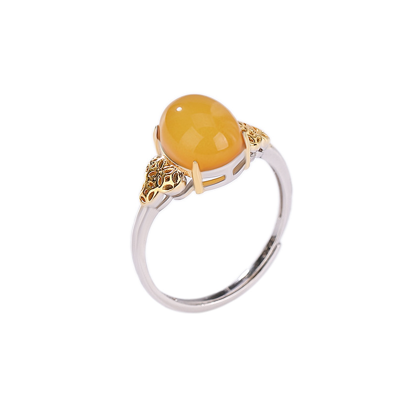 Nhẫn mặt trứng đồng xu sáp ong mạ vàng bạc Yilu S925 phong cách dân tộc — Mở (một kích thước)
