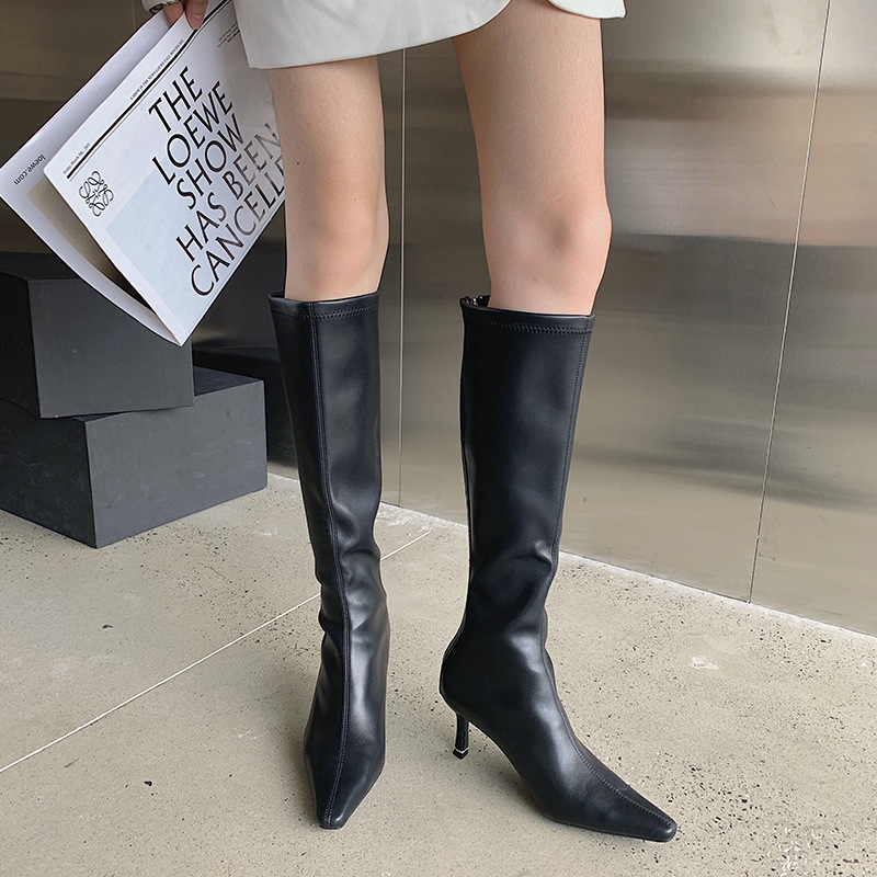 2025 Martin Boots Women's Slim Boots High-Heeled White Boots 2025 Autumn and Winter Knee-High Elastic Boots