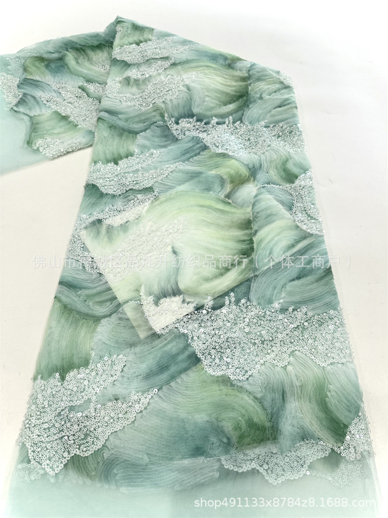 Nueva tela de bordado de tinta de onda tridimensional, vestido de boda, tela de tubo de perlas, ropa de noche de lujo ligera europea y americana image 10