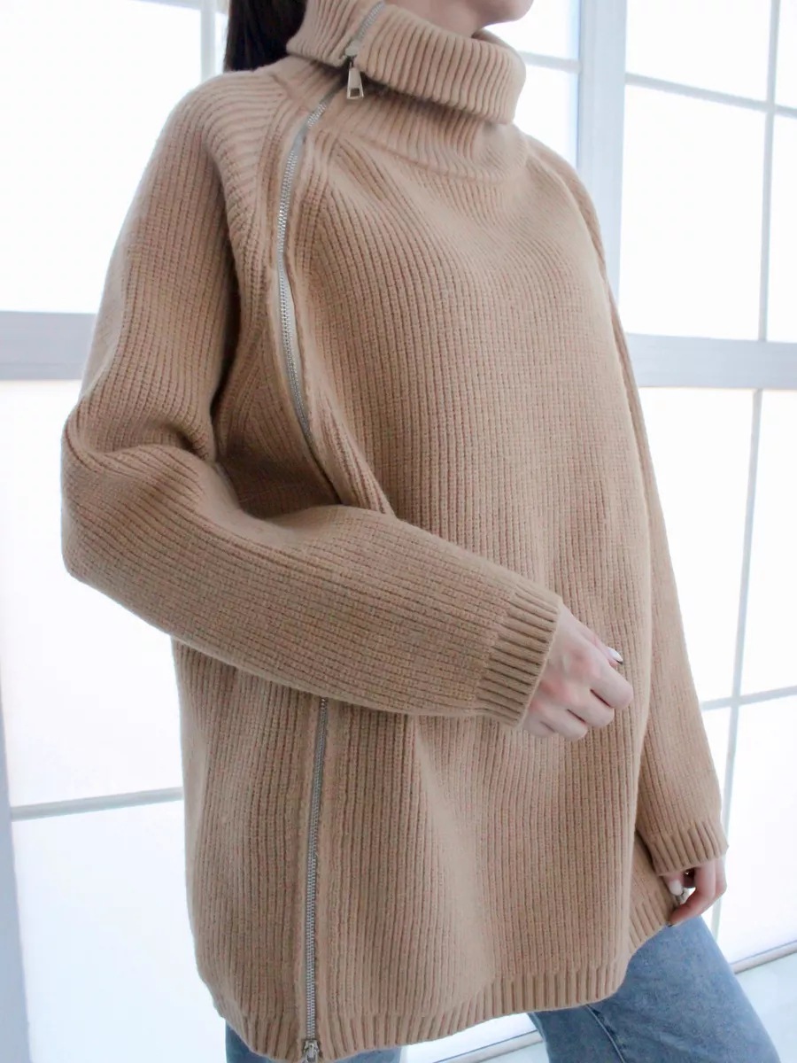 Pull tricoté sexy à col haut et fermeture éclair de style paresseux, haut chaud à manches longues et ample pour vêtements d'extérieur, tendance et épais_voghion.com