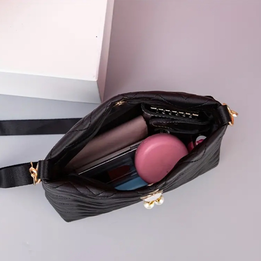 Magnetic Buckle Closure Type Women's Medium PU Solid Color Elegant Sewing Thread Bucket Magnetic Buckle Shoulder Bag