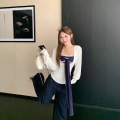 辣妹早秋套装女2025新款绑带条纹抹胸上衣搭配长袖防晒罩衫两件套