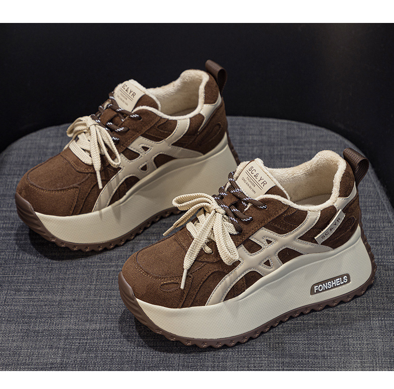 Giày sneaker nữ đế dày tăng chiều cao 7 cm phong cách đa năng mùa thu đông — M2999 li đơn màu vàng, M2999-1 màu vàng nhung, M2999-1 màu nâu cộng nhung, M2999 lớp lót đơn màu nâu chi tiết 23