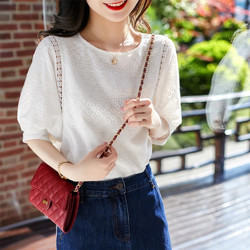 Áo sơ mi thêu nữ cổ tròn tay ngắn phong cách nhẹ nhàng thanh lịch — Trắng-cộc tay chi tiết 5